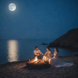 A married couple having a seaside dinner, bathed in moonlight, with the ethereal glow of the moon manifesting in their flickering bonfire