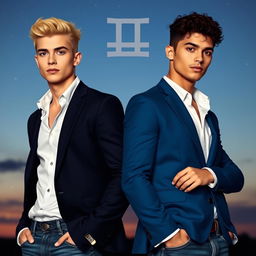 Two handsome men representing the zodiac sign Gemini, standing back to back with confident expressions