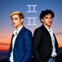 Two handsome men representing the zodiac sign Gemini, standing back to back with confident expressions