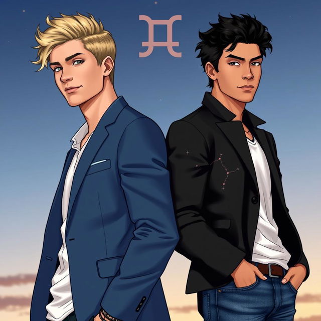 Two handsome men representing the zodiac sign Gemini, standing back to back with confident expressions