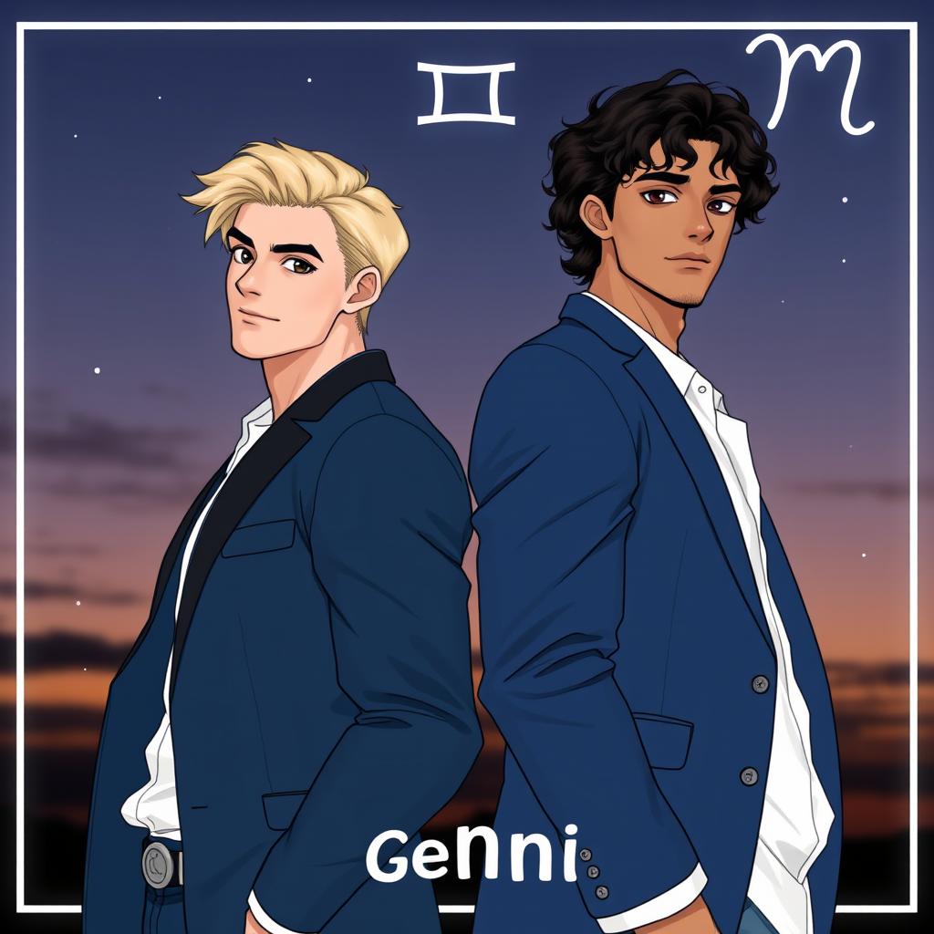 Two handsome men representing the zodiac sign Gemini, standing back to back with confident expressions