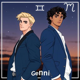 Two handsome men representing the zodiac sign Gemini, standing back to back with confident expressions