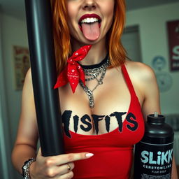 A close-up shot focusing on a sexy female redhead, featuring her torso prominently