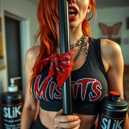 A close-up shot focusing on a sexy female redhead, featuring her torso prominently