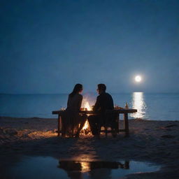 A married couple having a seaside dinner, bathed in moonlight, with the ethereal glow of the moon manifesting in their flickering bonfire