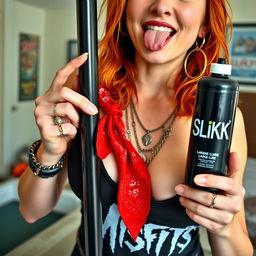 A close-up shot focusing on a sexy female redhead, showcasing her torso
