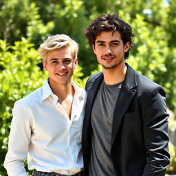 A realistic photograph of two handsome men representing the zodiac sign Gemini