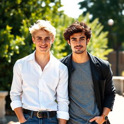 A realistic photograph of two handsome men representing the zodiac sign Gemini