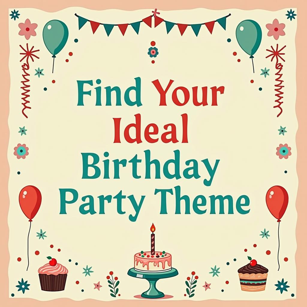 A captivating poster titled 'Find Your Ideal Birthday Party Theme', inspired by the distinctive style of Wes Anderson