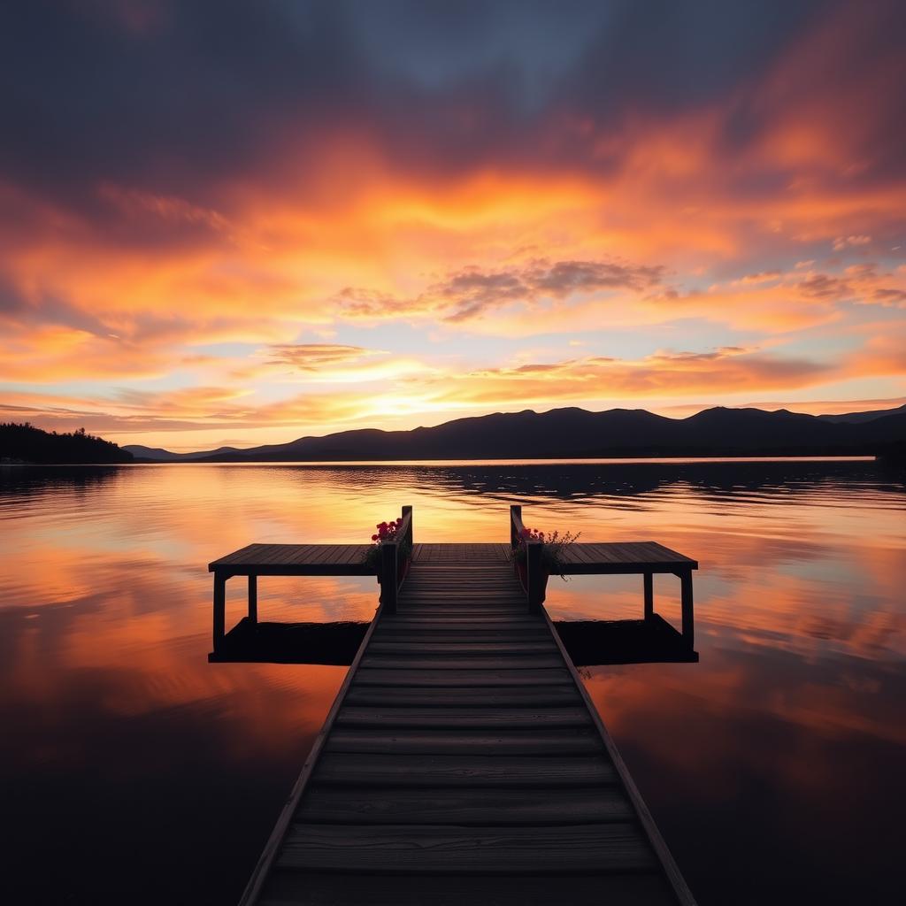 A serene landscape featuring a peaceful lake at sunset