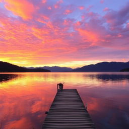A serene landscape featuring a peaceful lake at sunset