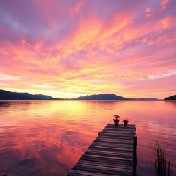 A serene landscape featuring a peaceful lake at sunset