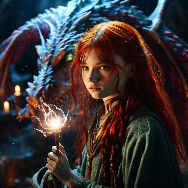 A cinematic image of a red-headed teenage girl casting the Patronus charm, her Patronus taking the form of a detailed Hungarian Horntail dragon, in the style of Harry Potter and Fantastic Beasts films.