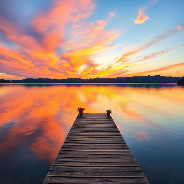 A serene landscape featuring a peaceful lake at sunset