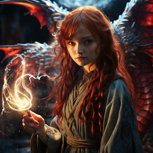 A red-headed teenage girl casting the Patronus charm, her Patronus manifesting as a detailed dragon, in the style of Harry Potter and Fantastic Beasts films.