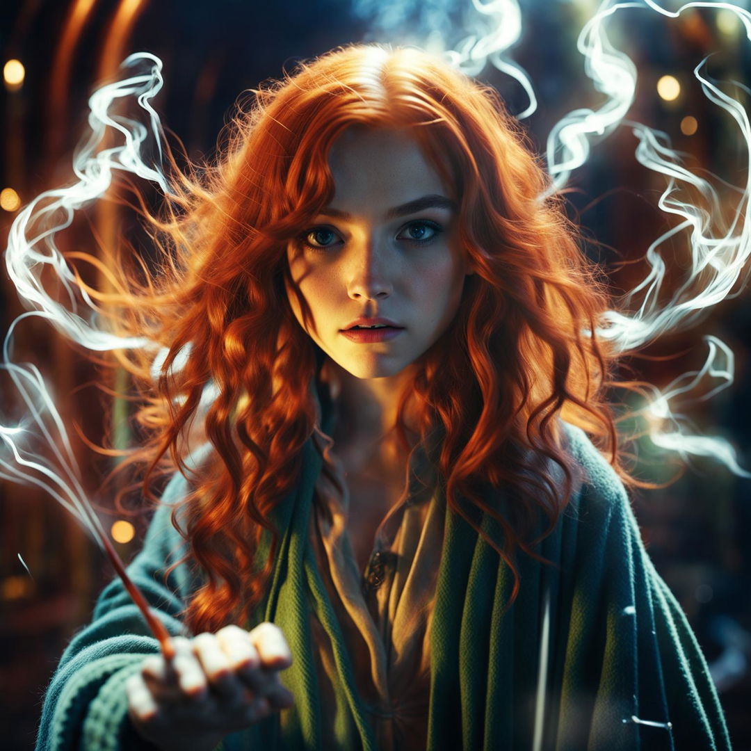 A red-headed teenage girl casting the Patronus charm, in the style of Harry Potter and Fantastic Beasts films.