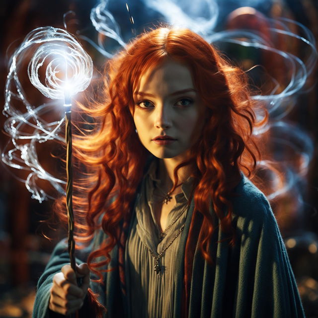 A red-headed teenage girl casting the Patronus charm with her 13-inch wand, in the style of Harry Potter and Fantastic Beasts films.