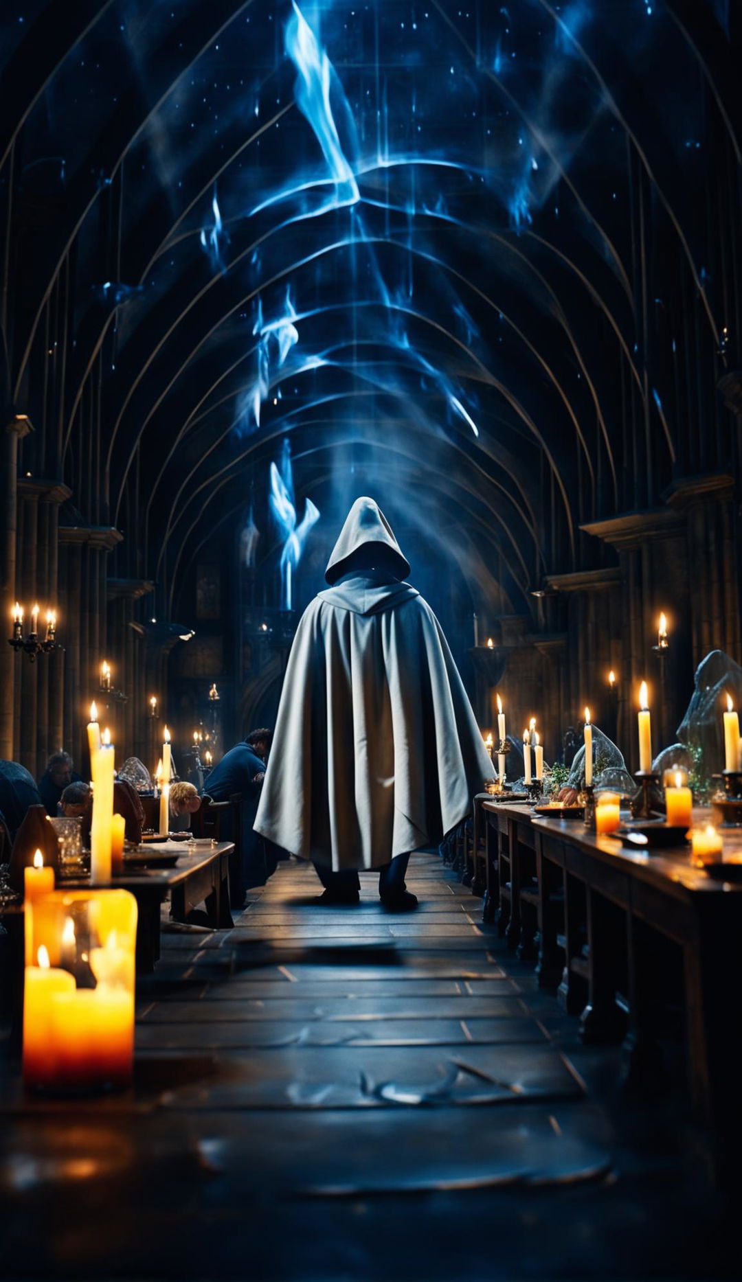 A cinematic HD film scene in Hogwarts' Great Hall with Harry Potter's Cloak of Invisibility in use, causing slight distortions and disturbances in the environment.