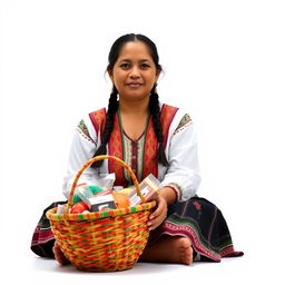 A front view of a Latina woman sitting on the ground, with two braids in her hair, wearing traditional Guatemalan attire
