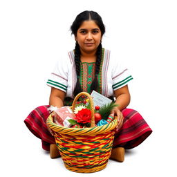 A front view of a Latina woman sitting on the ground, with two braids in her hair, wearing traditional Guatemalan attire