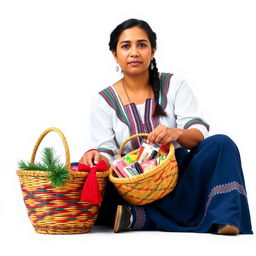 A front view of a Latina woman sitting on the ground, with two braids in her hair, wearing traditional Guatemalan attire