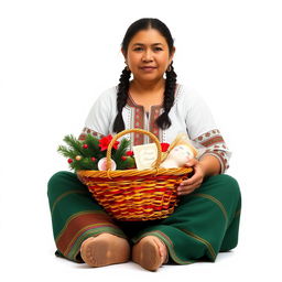 A front view of a Latina woman sitting on the ground, with two braids in her hair, wearing traditional Guatemalan attire