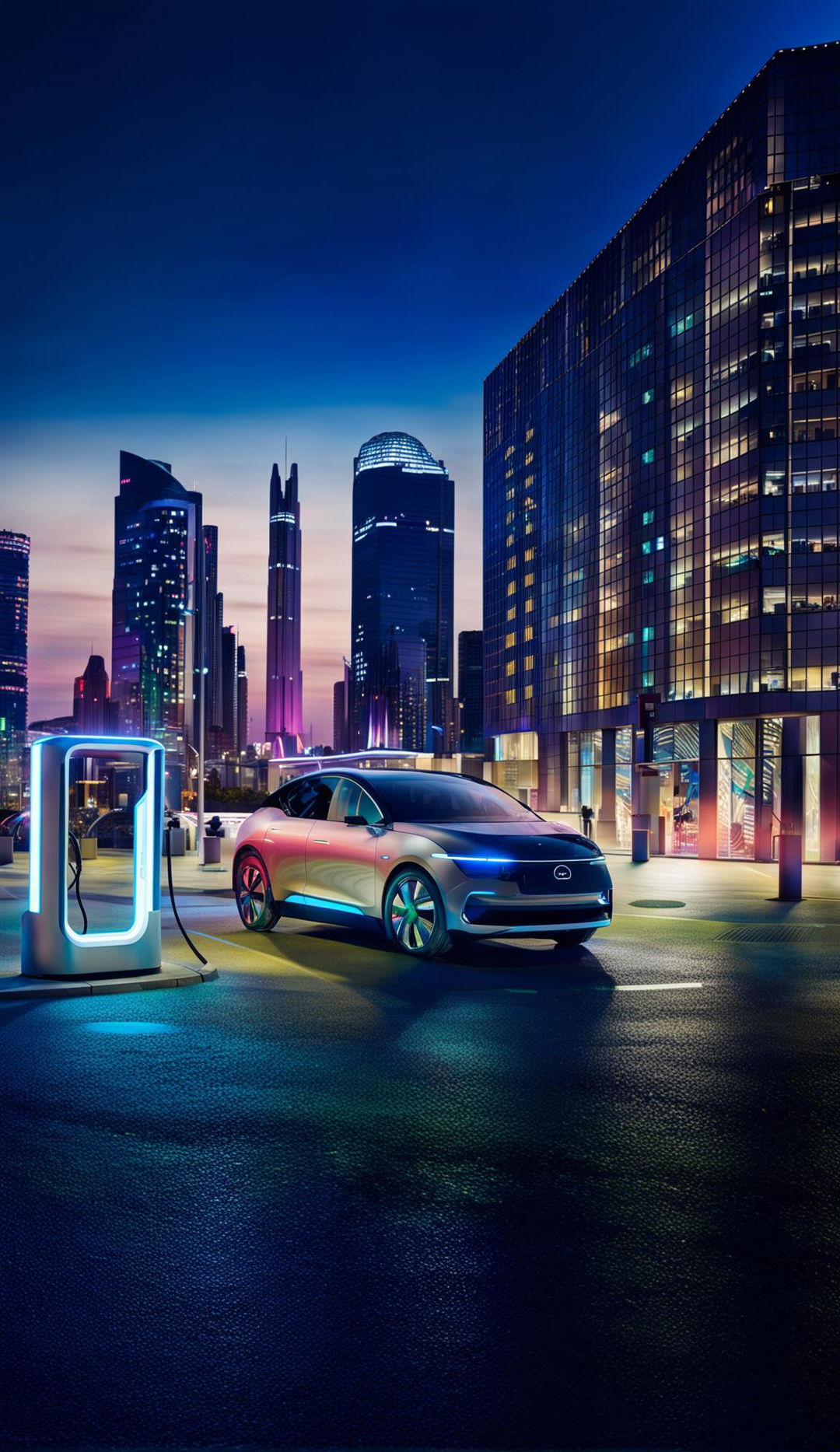 A modern electric car charging at a futuristic station during twilight, reflecting sunset hues against a neon-lit cityscape.