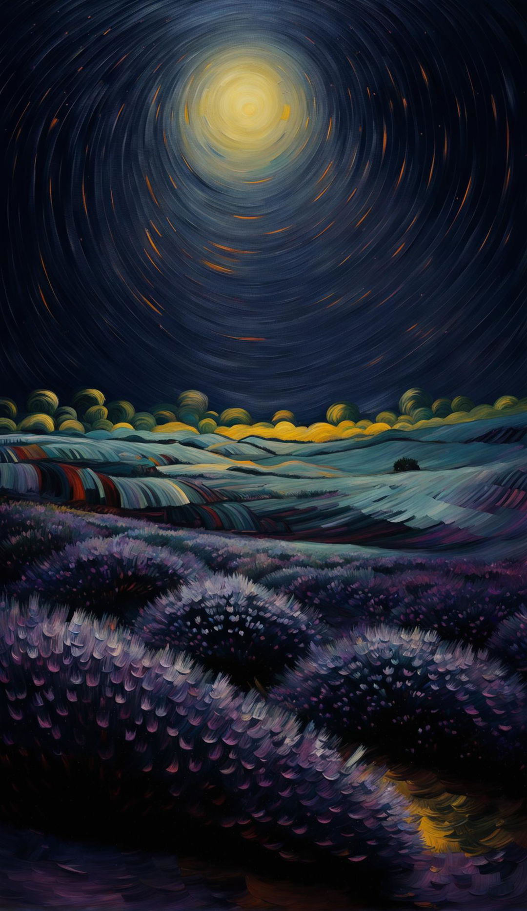 A Van Gogh-style painting featuring a vibrant night sky swirling with blues and purples over a tranquil lavender field.