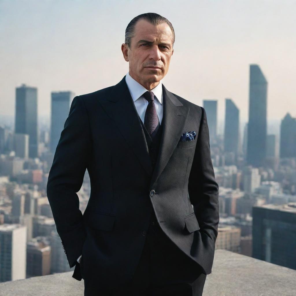 A stylish, formidable mafia boss wearing a well-tailored suit standing in an imposing manner, with a radiant cityscape in the background.