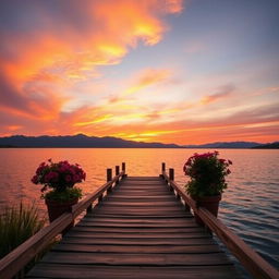 A tranquil sunset landscape featuring a serene lake