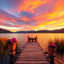 A tranquil sunset landscape featuring a serene lake