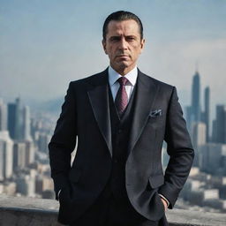 A stylish, formidable mafia boss wearing a well-tailored suit standing in an imposing manner, with a radiant cityscape in the background.