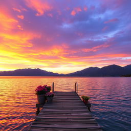 A tranquil sunset landscape featuring a serene lake