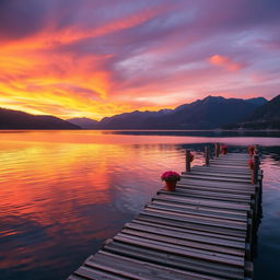 A tranquil sunset landscape featuring a serene lake