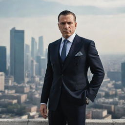 A stylish, formidable mafia boss wearing a well-tailored suit standing in an imposing manner, with a radiant cityscape in the background.