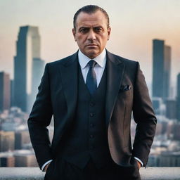 A stylish, formidable mafia boss wearing a well-tailored suit standing in an imposing manner, with a radiant cityscape in the background.