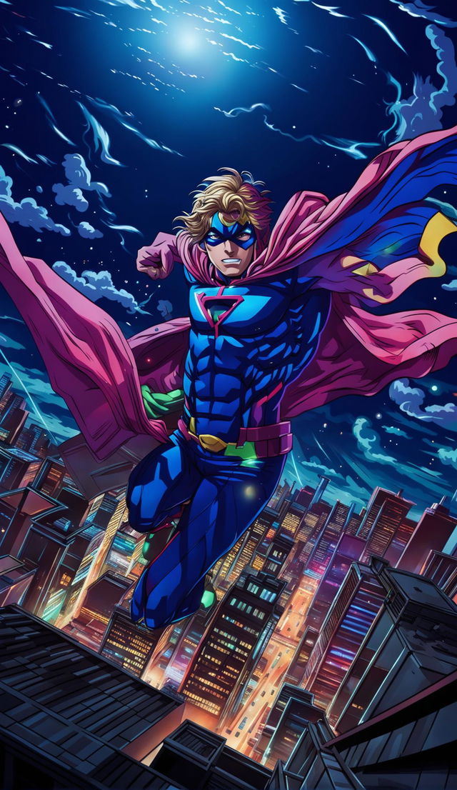 Anime-style superhero leaping from city rooftop at night towards camera, low-angle view emphasizing heroism with dramatic lighting, sharp lines and vibrant colors.