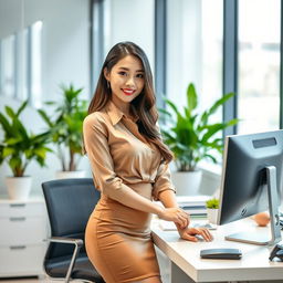 An attractive 27-year-old Asian woman working as a secretary in a professional office setting