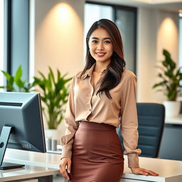 An attractive 27-year-old Asian woman working as a secretary in a professional office setting