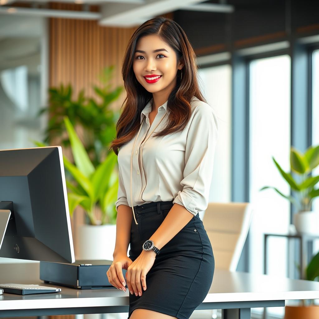 An attractive 27-year-old Asian woman working as a secretary in a professional office setting