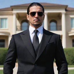 A cool, mid-30s character with a dark suit, sunglasses and an aura of menacing elegance. He seems to be the leader of a cartel, standing in front of a luxurious mansion.