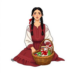 A front view illustration of a woman sitting on the floor, featuring two braids, dressed in the traditional attire of Guatemala