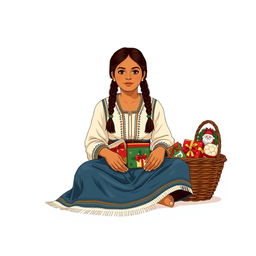 A front view illustration of a woman sitting on the floor, featuring two braids, dressed in the traditional attire of Guatemala