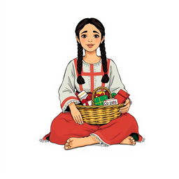 A front view illustration of a woman sitting on the floor, featuring two braids, dressed in the traditional attire of Guatemala