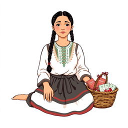 A front view illustration of a woman sitting on the floor, featuring two braids, dressed in the traditional attire of Guatemala
