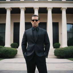 A cool, mid-30s character with a dark suit, sunglasses and an aura of menacing elegance. He seems to be the leader of a cartel, standing in front of a luxurious mansion.