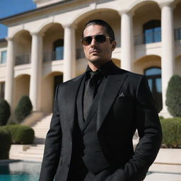 A cool, mid-30s character with a dark suit, sunglasses and an aura of menacing elegance. He seems to be the leader of a cartel, standing in front of a luxurious mansion.