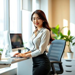 An attractive 27-year-old Asian woman working as a secretary in a modern office environment