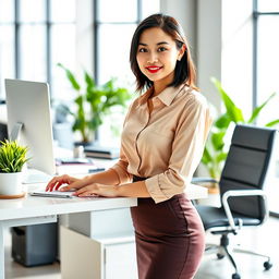 An attractive 27-year-old Asian woman working as a secretary in a modern office environment