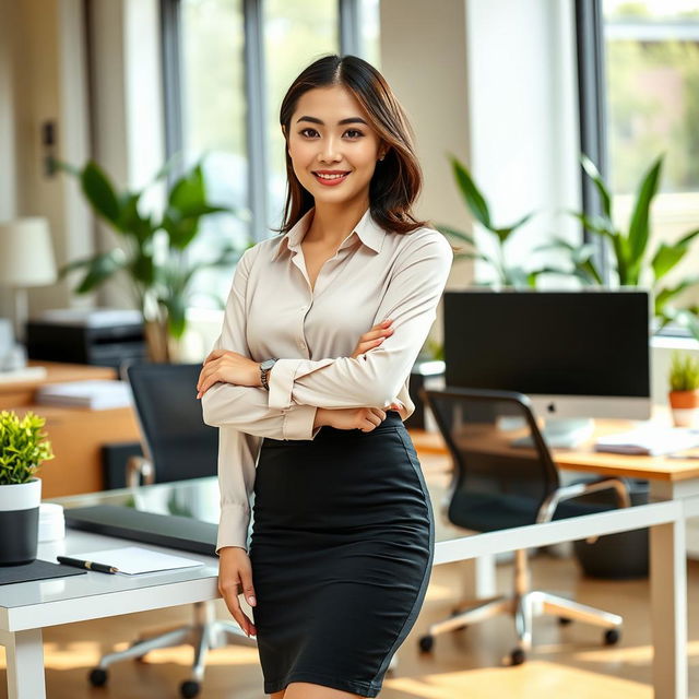 An attractive 27-year-old Asian woman working as a secretary in a modern office environment